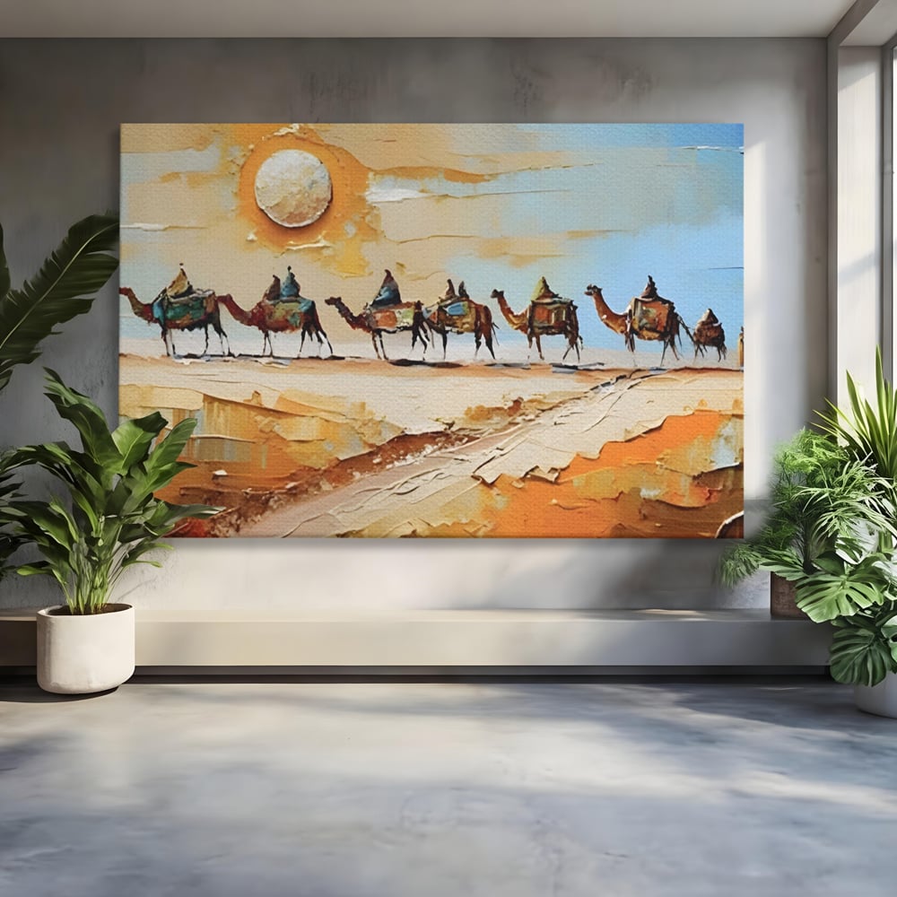 Tablou canvas cu pictura cu caravana de camile in desert, fara rama, pe sasiu de lemn